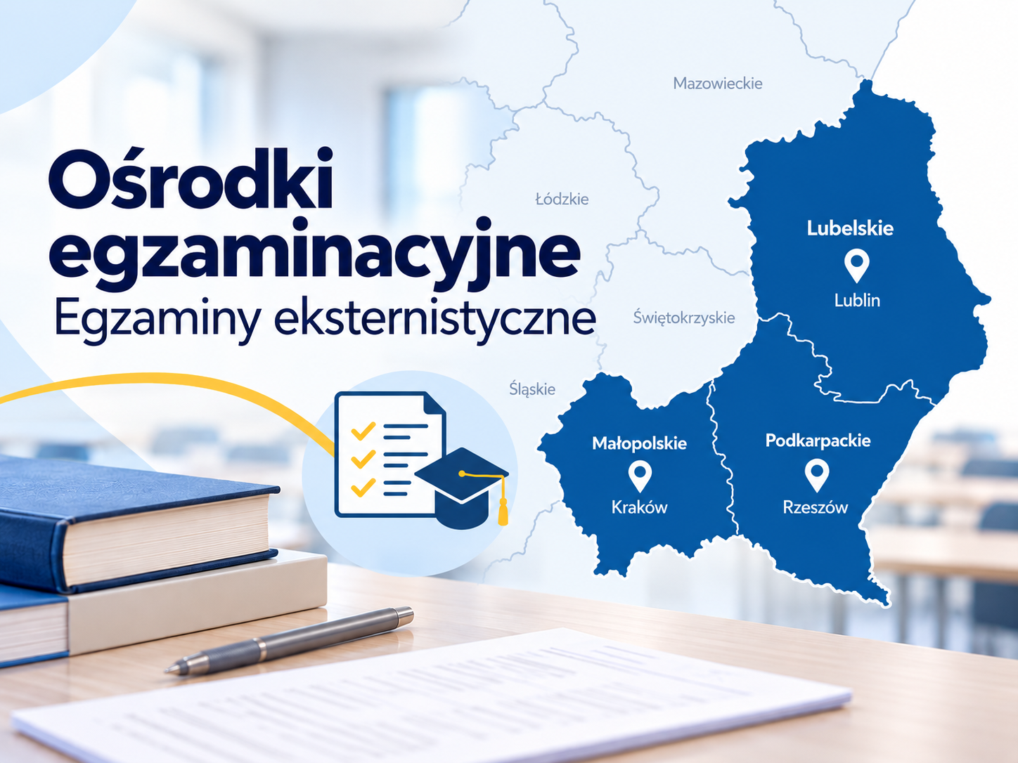 Plansza prezentująca tekst: Ośrodki egzaminacyjne. Egzaminy eksternistyczne