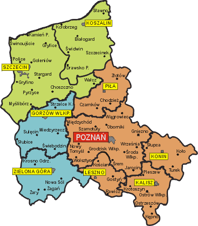 Mapa przedstawiająca obszar działania Okręgowej Komisji Egzaminacyjnej w Poznaniu, który obejmuje województwa lubuskie, wielkopolskie i zachodniopomorskie. Poszczególne województwa są wyróżnione kolorami z zaznaczonymi głównymi miastami: Szczecin, Koszalin, Piła, Gorzów Wielkopolski, Poznań, Konin, Zielona Góra, Leszno oraz Kalisz.