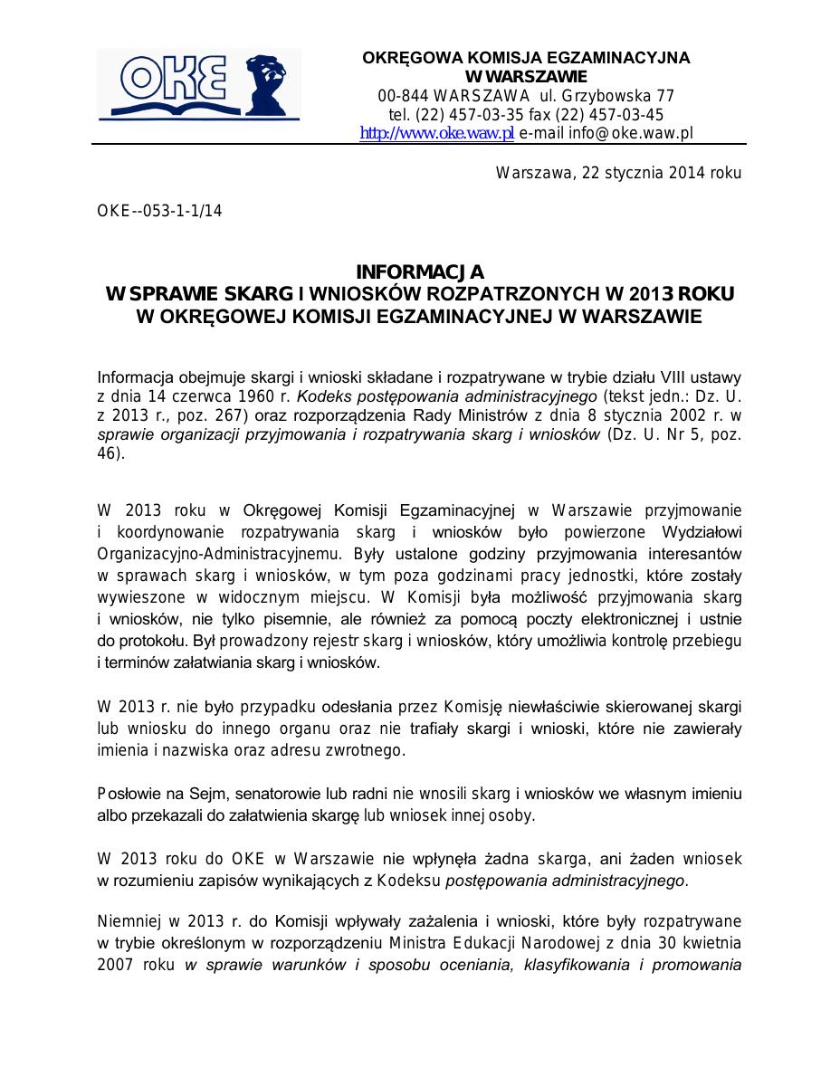 Miniatura dokumentu: Analiza_skarg_i_wnioskow_rozpatrzonych_w_2013_roku_w_Okregowej_Komisji_Egzaminacyjnej_w_Warszawie