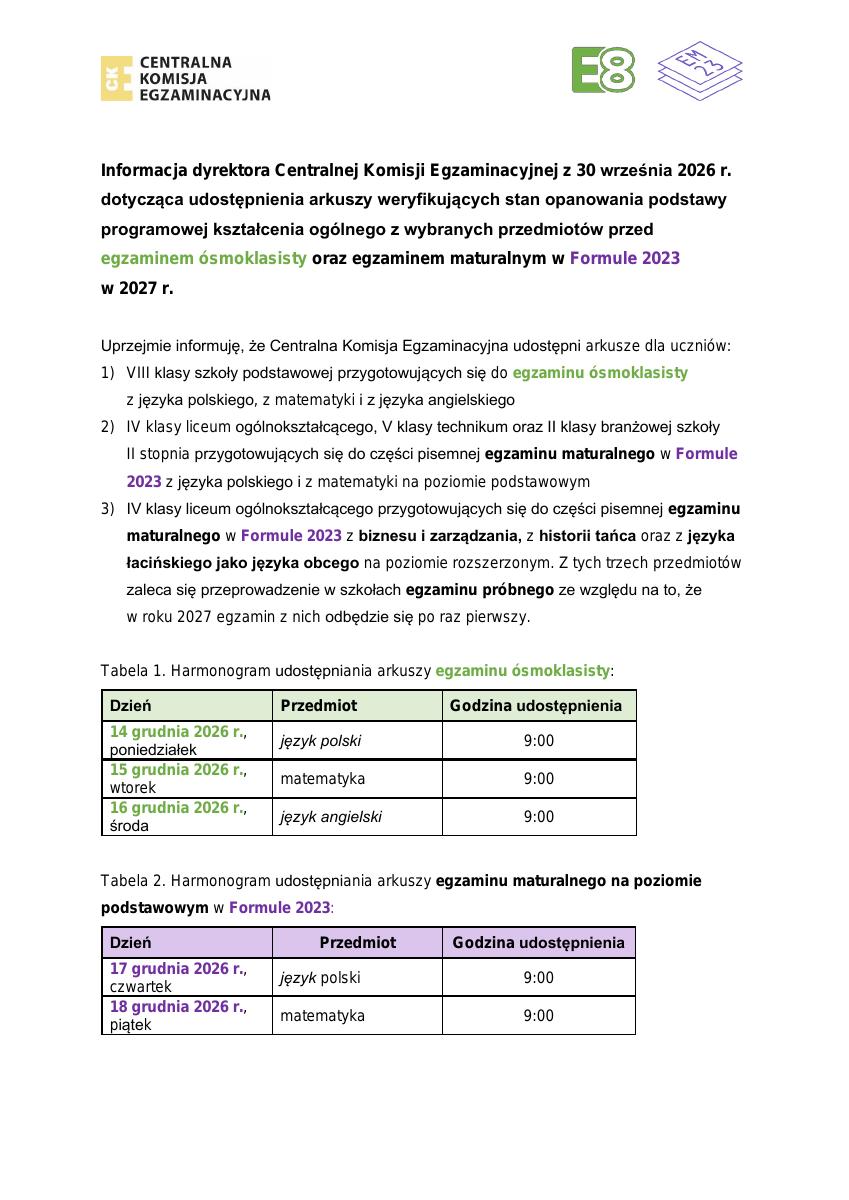 Miniatura dokumentu: Informacja dyrektora Centralnej Komisji Egzaminacyjnej z 30 września 2026 r. dotycząca udostępnienia arkuszy weryfikujących