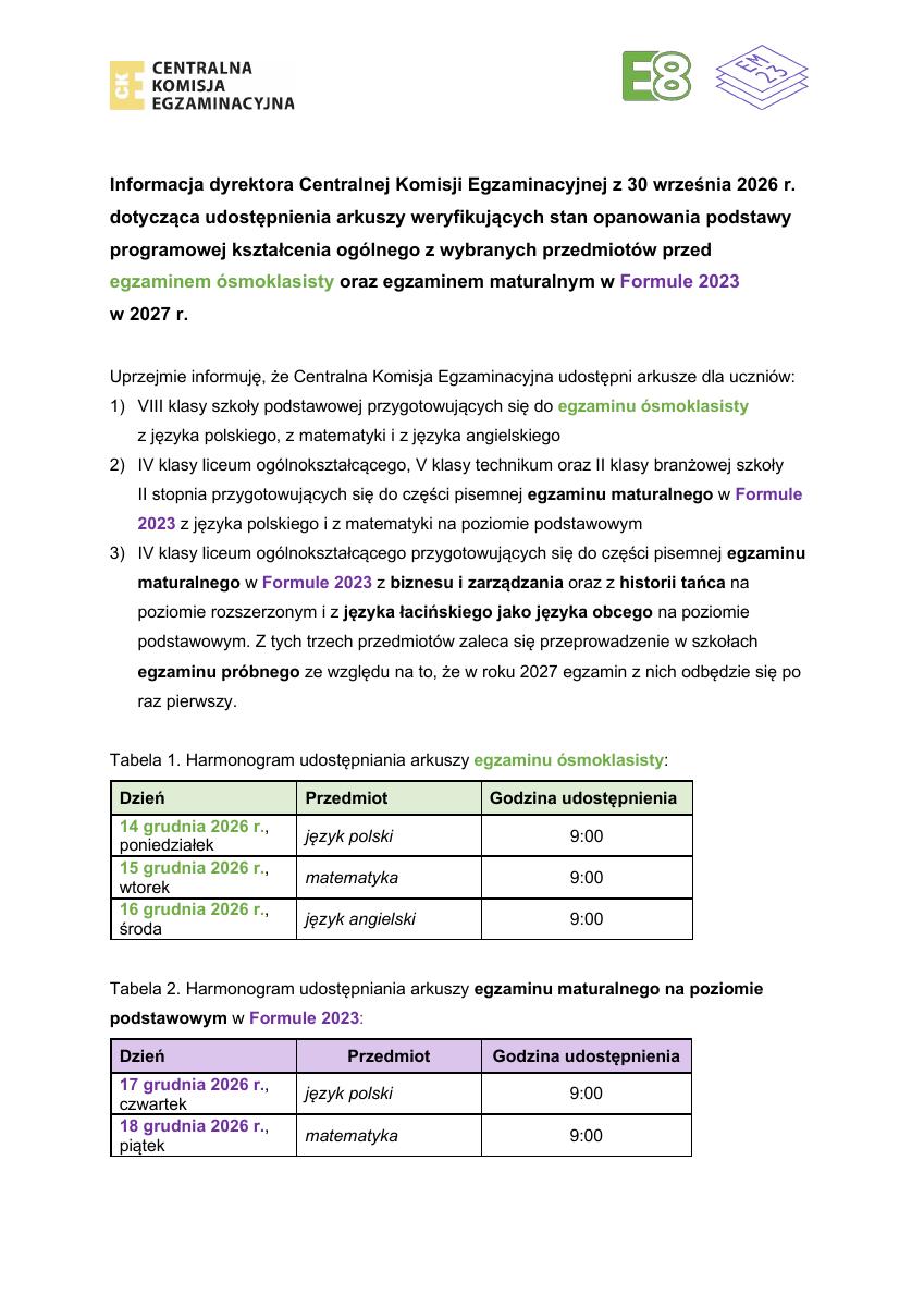Miniatura dokumentu: Informacja dyrektora Centralnej Komisji Egzaminacyjnej z 30 września 2026 r. dotycząca udostępnienia arkuszy weryfikujących